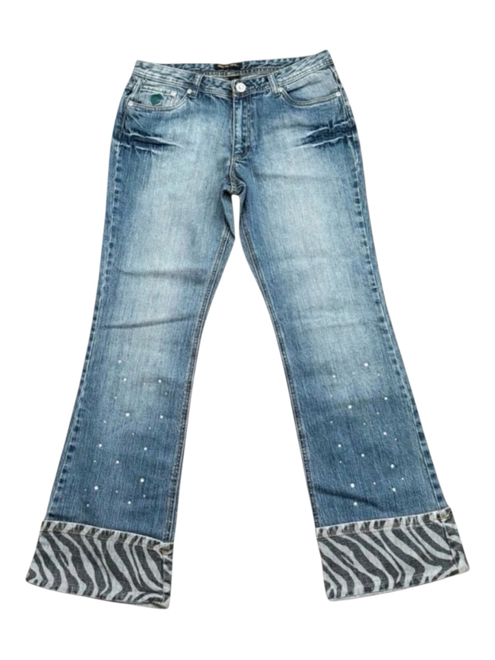 VTG Rocawear Y2K Flare Jeans 11 Blue Rhinestone Bling Zebra Cuff Low Rise Denim